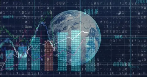 3D globe rotating behind bar chart columns, tracing white lines and green Stock Footage 327782423
