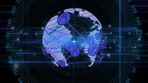 3D globe rotating, blue flare pulsing sparking purple nodes linking via arcs, Stock Footage 328234004