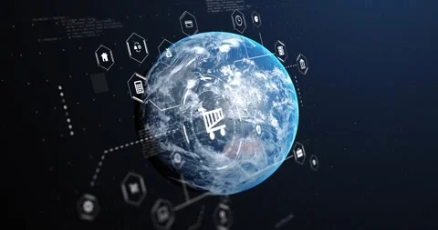 3D globe rotating in dark space, cart icon appearing and arranging hex icons Stock Footage 331161049