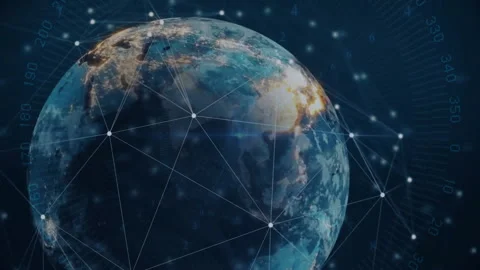 3D globe rotating east-west triggers network nodes pulsing labels drifting to Video stock 312417258