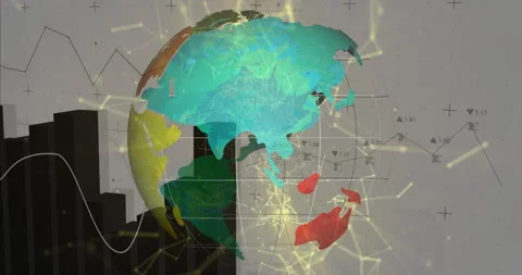 3D globe rotating with glowing network lines and floating numeric markers on Stock Footage 309036406