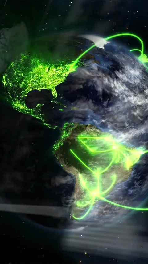 3D globe rotating, hotspots emitting arcs and beams, HUD showing technology Stock Footage 331050190
