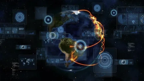 3D globe rotating, nodes pulsing and launching orange arcs across Atlantic, Stock Footage 328485512