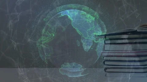 3D globe rotating nodes pulsing books entering right stacking and hiding side Stock Footage 334703052