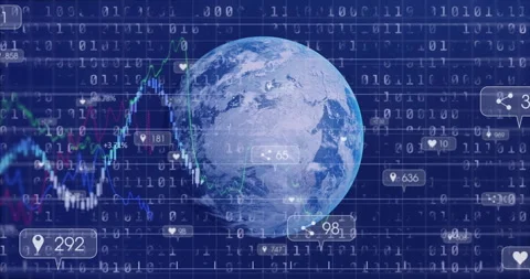 3D globe rotating over blue grid, showing binary code, line graphs, candlestick Stock Footage 307468824