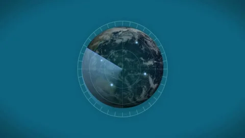 3D globe rotating in radar ring, playback starting wedge sweeping contacts for Stock Footage 334034155