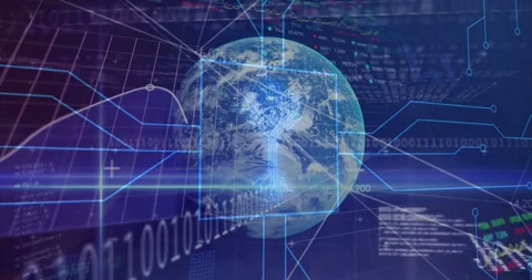 3D globe rotating, square frame drawing and scan sweeping, animating graphs and 動画素材 331109155