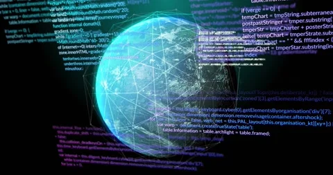 3D globe rotating, teal rim while code appearing and causing wireframe nodes Stock Footage 331165459