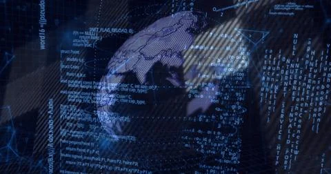 3D globe rotating in virtual interface, with grid mesh, floating code and data 스톡 일러스트