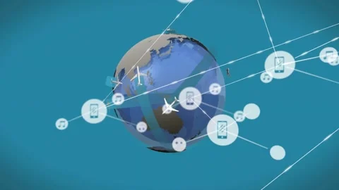 3D globe rotating while nodes entering right linking phone chat icons, links Stock Footage 333902439