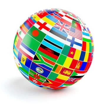 3D globe sphere with flags of the world on white Stockillustratie