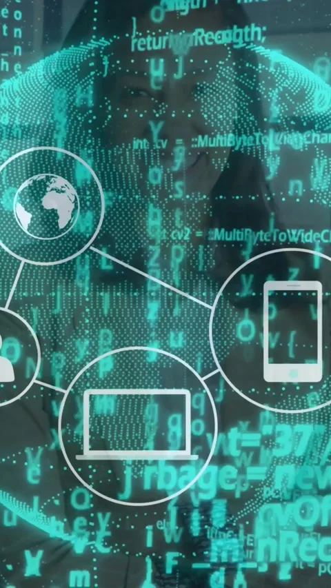 3D globe starting code overlaying, woman standing behind glass, network icons 動画素材 330655992