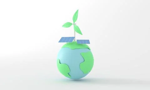 3d Globe tree and solar cell windmill. Earth Day Save World Environment icon Illustrazione stock