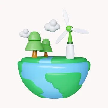 3d Globe tree and windmill. Earth Day Save World Environment icon concept. icon Stock Illustration