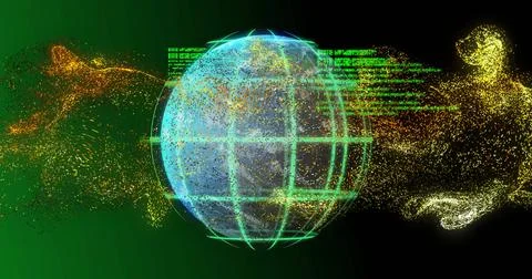 3D globe with turquoise grid rotating in digital space, data particles and green Illustrazione stock
