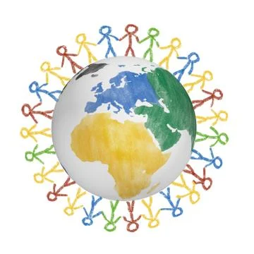 3D Globe with the view on america with drawn people holding hands. Concept for Stock Illustration