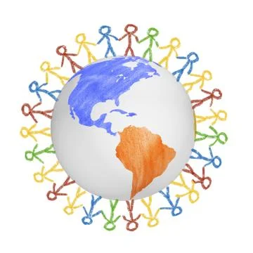 3D Globe with the view on america with drawn people holding hands. Concept for Stock Illustration