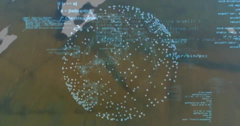 3D globe visualization rotating in scene, showing light?blue data points and Stock Footage 307435651