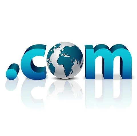 3D globe with word dot com in blue - front view Illustrazione stock