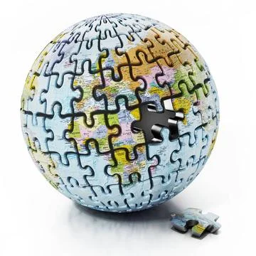 3D globe with world map consisting of puzzle parts isolated on white backg... Stock Photos