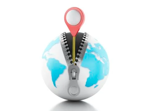 3D Globe with zipper open and a map pointer on top 库存插图