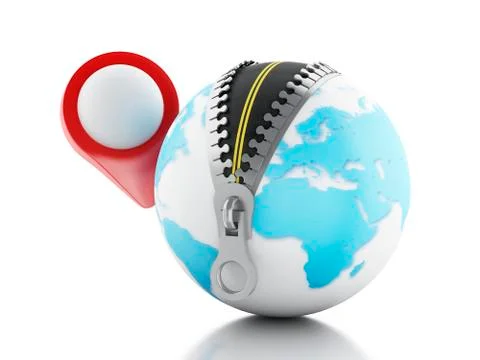 3D Globe with zipper open and a map pointer Illustrazione stock