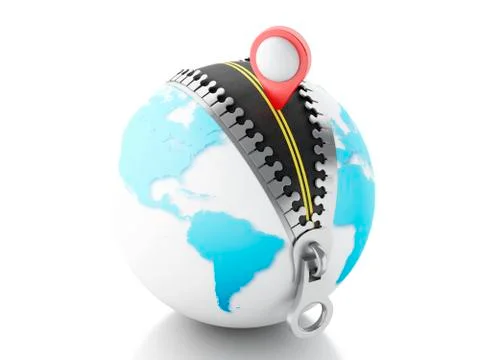 3D Globe with zipper open and a map pointer Illustrazione stock