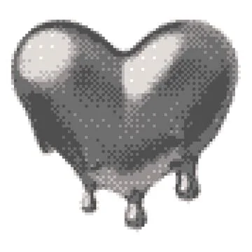 3D glossy chrome heart with dripping blood vector pixel art, retro Y2K silver Stock Illustration