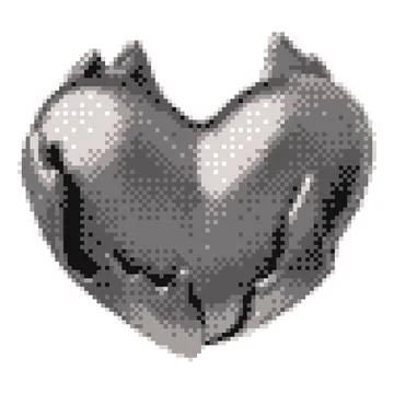 3D glossy chrome heart in fire vector pixel art, retro Y2K silver heart in Illustrazione stock