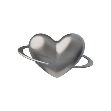 3D glossy chrome heart shape with ring in Y2K style, vector volume silver Stock Illustration