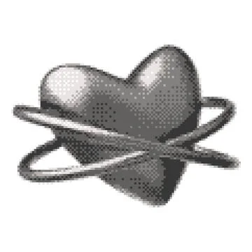 3D glossy chrome heart shape with two rings vector pixel art, retro Y2K silver Stock Illustration