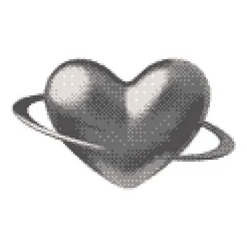3D glossy chrome heart shape with ring vector pixel art, retro Y2K silver heart Stock Illustration