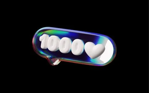 3D glossy glass speech bubble holographic effect with 1000 heart like emoji Stock Illustration