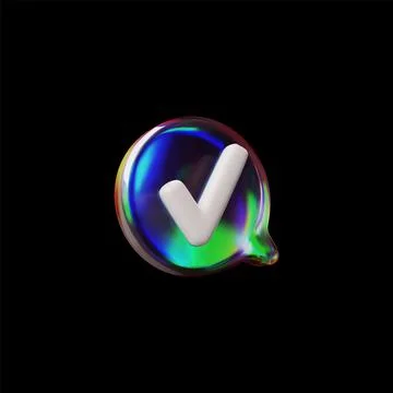 3D glossy glass speech bubble with check mark sign vector icon. Render volume Stock Illustration