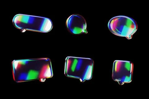 3D glossy glass speech bubbles holographic dispersion effect vector set, volume Stock Illustration