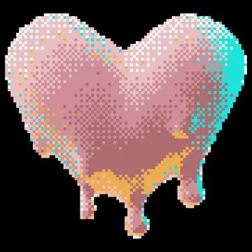 3D glossy pink heart shape with dripping blood vector pixel art, retro Y2K heart Stock Illustration