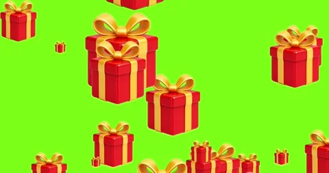 3D glossy red gift boxes with golden ribbons flying up on green background Stock Footage 317312376