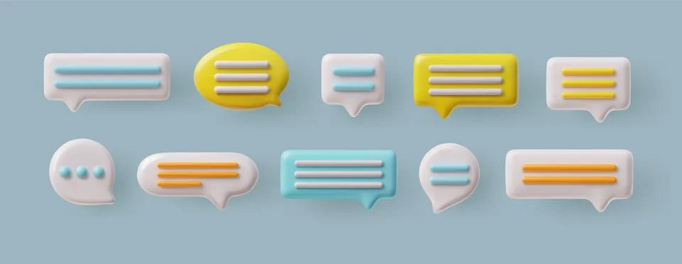 3D glossy speech bubbles various shapes with text lines dots, chat message Illustrazione stock