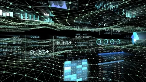 3D glow mesh animating with live data, rippling floor, shifting panels, updating Video stock 334729107