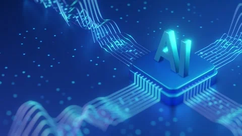 3D Glowing AI Text on Circuit Chip with Data Wave and Blue Background 스톡 동영상 334576101