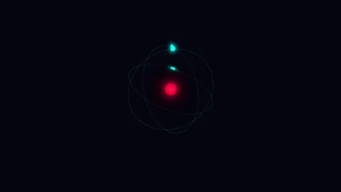 3D glowing atomic model with red nucleus and cyan electrons orbiting on bla.. Stock Footage 342153881