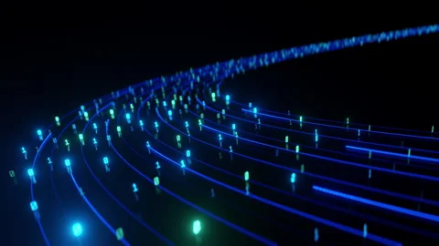 3D glowing binary code flowing along curved light trails on dark background, Stock-Footage 318236765