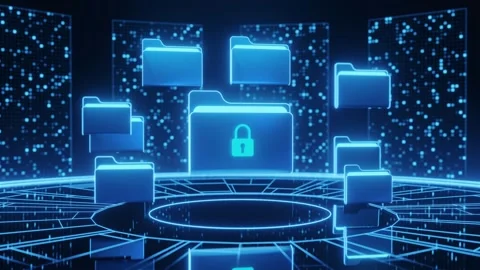 3D Glowing Blue Folders Floating Around Locked Folder on Digital Dark Background Video stock 334576290