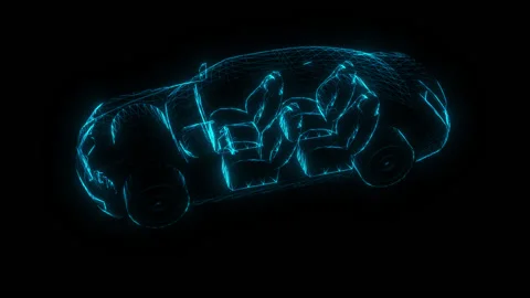 A 3d glowing car wireframe rotates on an alpha Stock-Footage 141947492
