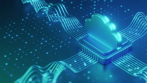 3D Glowing Cloud Computing Icon on Circuit Board with Data Stream Blue Stock Footage 334576333