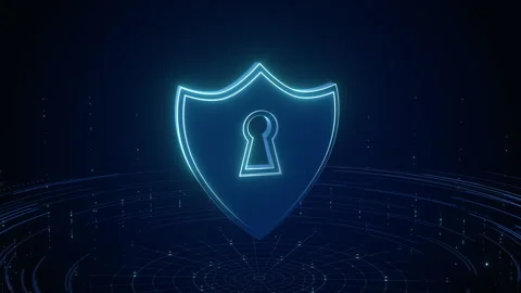 3D Glowing Cyber Security Shield on Digital Platform with Camera Rotation Stock Footage 334713627