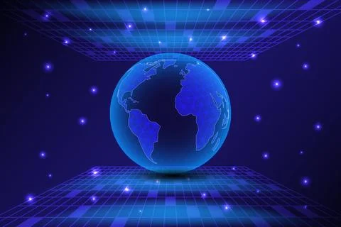 3D glowing digital globe floating in a virtual space with grid patterns Stock Illustration