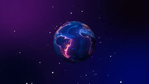 3D glowing Earth in violet tones rotating in deep space with moving stars. Stock Footage 320355286