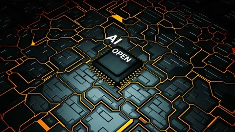 3D glowing electronic circuit board with Open AI text placing on microprocessor Stock Footage 231801526
