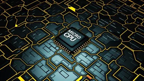 3D glowing electronic circuit board with Micro CPU text placed on microprocessor 스톡 일러스트